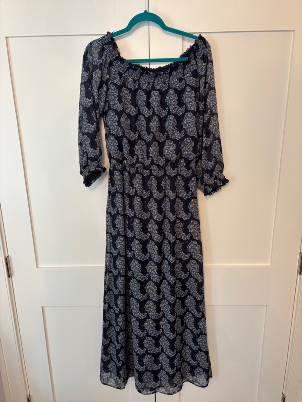 Taylor Navy Blue Floral Maxi Dress with Off-Shoulder Neckline